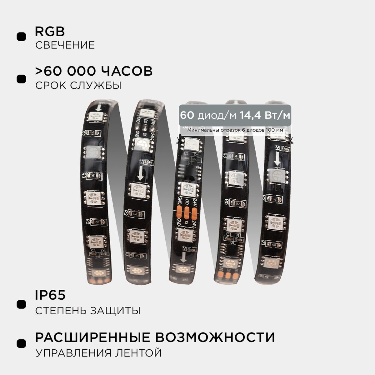фото комплект адресной светодиодной ленты apeyron 14,4w/m 60led/m 5050smd rgb 5m 10-98 | 220svet.ru