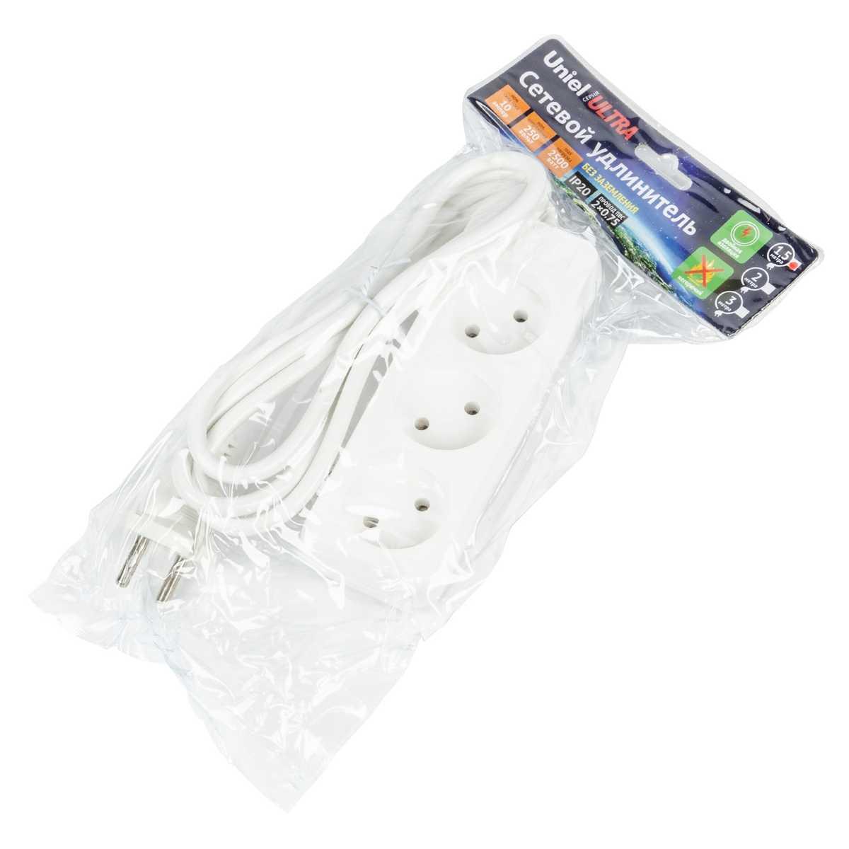 фото удлинитель uniel ultra 3гн х 1,5м б/з s-cu3-1,5 white ul-00009979 | 220svet.ru