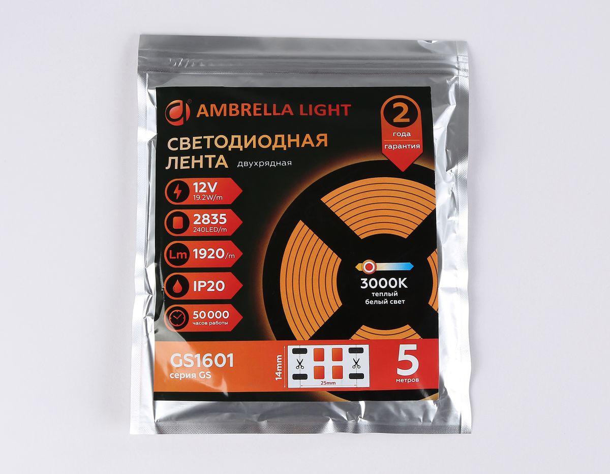 фото светодиодная лента теплый белый ambrella light 19,2w/m 240led/m 2835smd 3000к 5m gs1601 | 220svet.ru