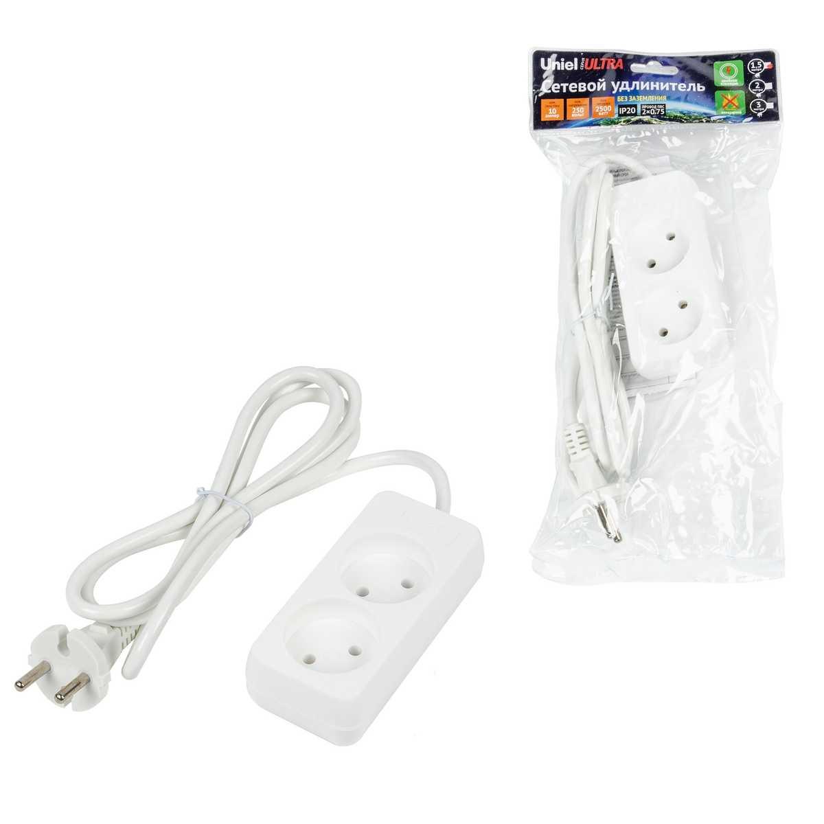 фото удлинитель uniel ultra 2гн х 1,5м б/з s-cu2-1,5 white ul-00009975 | 220svet.ru
