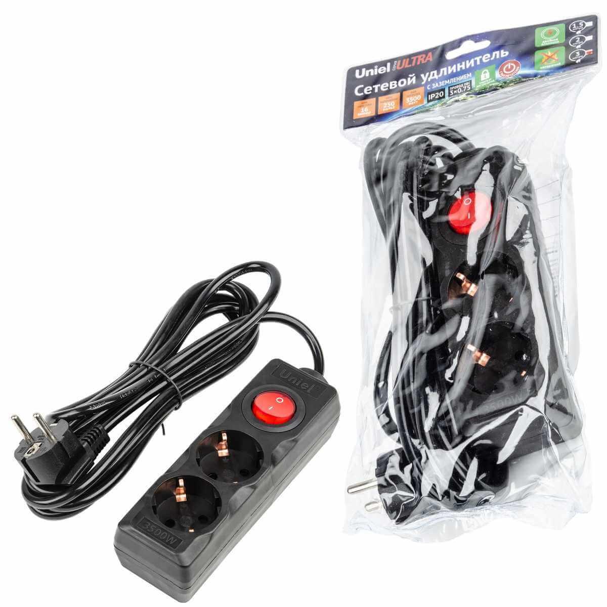фото удлинитель uniel 2гн х 3м с/з s-gcu2-3b black ul-00010011 | 220svet.ru